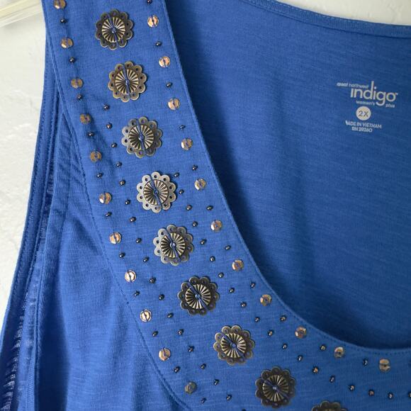 Indigo Blue Embellished Neckline 2X Tank Top - Picture 2 of 5